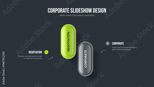 Modern Strategy Frame Layout Vector Illustration. Investor Portfolio Two Step Diagram Slide Design. Corporate Profile 2 Option Infographic Presentation Template.