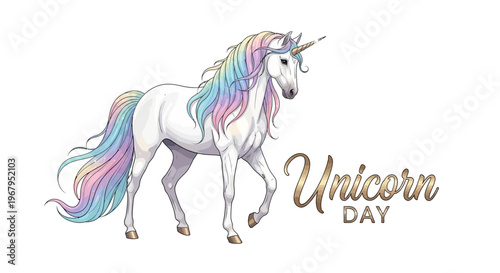 Illustration of a white unicorn with a rainbow mane and tail, celebrating National Unicorn Day with a whimsical design on a clean white background.