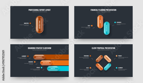 Financial Planning 1 2 3 4 Option Infographic Slideshow Template Bundle. Project Visualization One Two Three Four Element Diagram Slide Design Vector Illustration Collection.