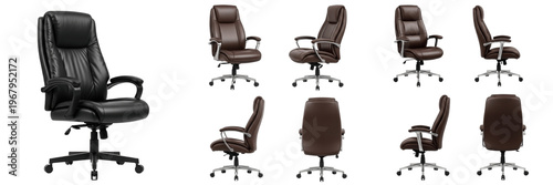 Set and collection of professional executive leather office chairs with high back support and swivel base in various angles isolated on white transparent png background