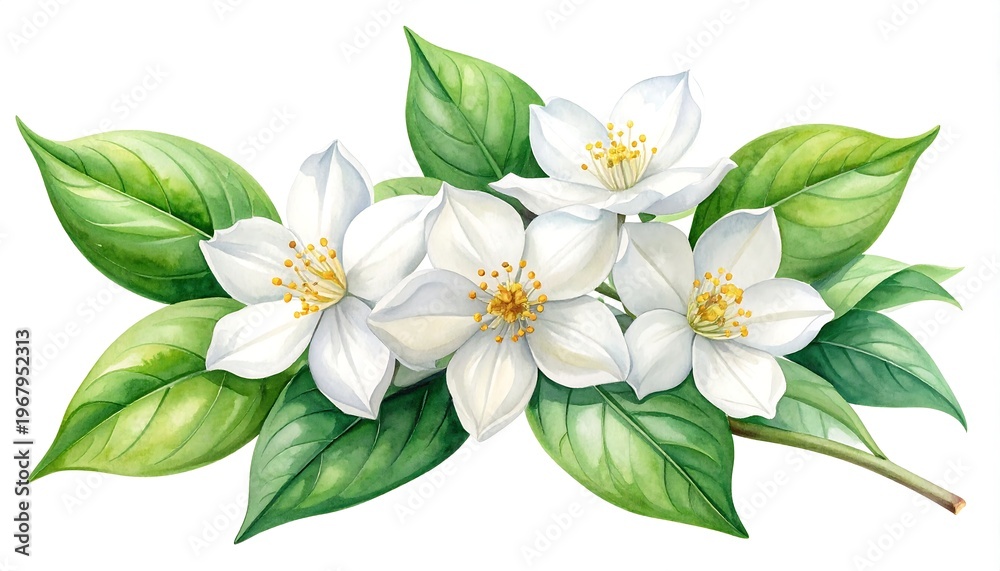 Fototapeta premium A floral arrangement with white flowers and green leaves on a stem