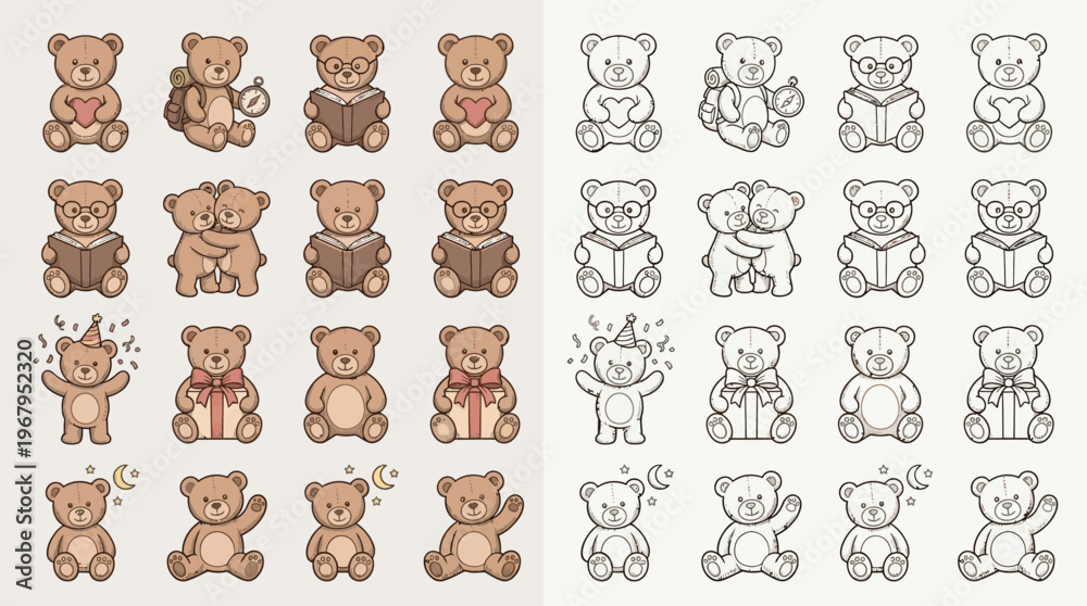Fototapeta premium Collection of cute teddy bear illustrations in various poses and activities, presented in both color and outline versions.
