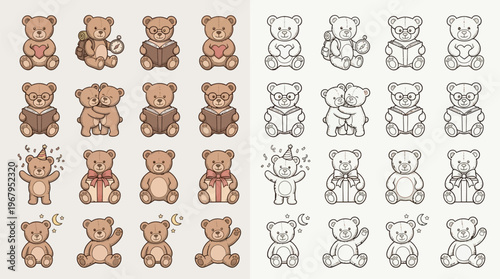 Collection of cute teddy bear illustrations in various poses and activities, presented in both color and outline versions.