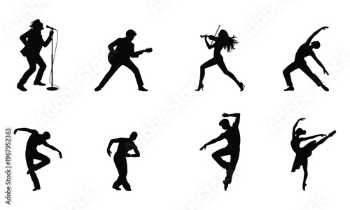 Set of music and dance performer silhouettes isolated on transparent background.