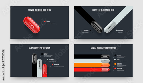 Consulting Strategy 1 2 3 4 Element Diagram Presentation Layout Set. Service Review One Two Three Four Option Infographic Slideshow Design Vector Illustration Collection.