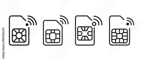 Mobile SIM Card Icons Set. with Wireless Network Symbols on White Background, Representing Connectivity and Digital Communication.