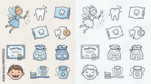 A collection of colorful and black and white illustrations related to the Tooth Fairy, including a fairy, teeth, pillows, money, a certificate, bags, a smiling child, and dental hygiene items.