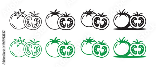 Tomato Icon Set. showing Whole and Sliced Produce in Black and Green Outline and Solid Fill Styles.