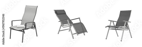 Set and collection of modern outdoor folding chairs and reclining garden lounge seats with mesh fabric and metal frames isolated on white transparent png background