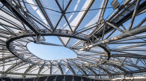Intricate steel and fabric roof structure of a modern stadium with an open sky section, showcasing complex engineering and design.