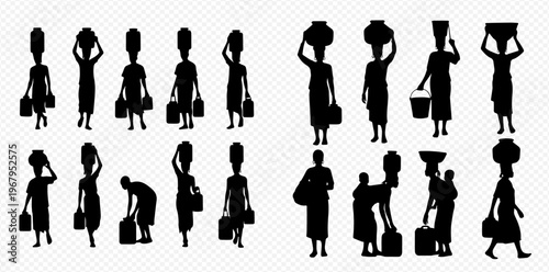 Set of African women silhouettes carrying water, goods, and children on their heads, depicting daily life and labor.