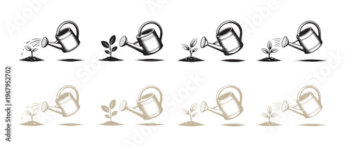 Plant Growth Stages with Watering Can. Nurturing Sprout Development Icon Set in Silhouette and Outline.