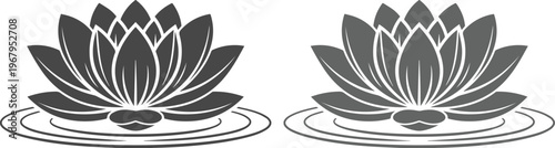 Elegant lotus flower vector icon, two stylized black and white water lilies, tranquil floral graphic element for spa, yoga, or meditation branding, serene botanical symbol on water ripples