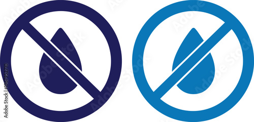 No Water Sign, a prohibition symbol for liquid, moisture, or wetness, in dark blue and light blue vector illustrations, ideal for product labeling and safety warnings