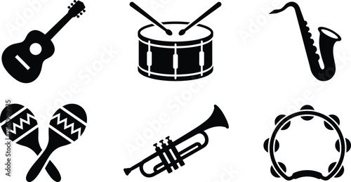 Musical instruments silhouettes set, guitar drum saxophone trumpet maracas tambourine icons collection, music band equipment vector illustration isolated on white background