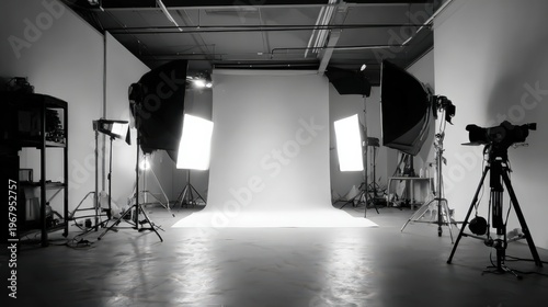Professional photography studio setup with lighting equipment and backdrop