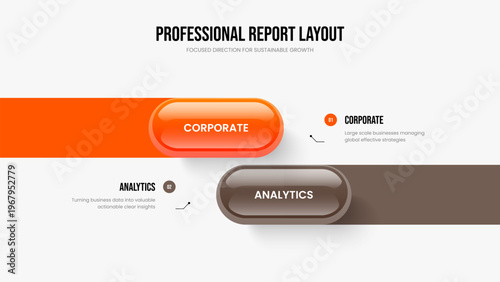 Visual Analysis Slideshow Template Vector Illustration. Consulting Introduction 2 Option Infographic Frame Layout. Financial Strategy Two Step Diagram Slide Design.