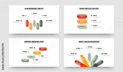 Visual Review 5 3 4 Element Diagram Slideshow Design Collection. Investor Briefing Five Three Four Option Infographic Slide Template Vector Illustration Bundle.