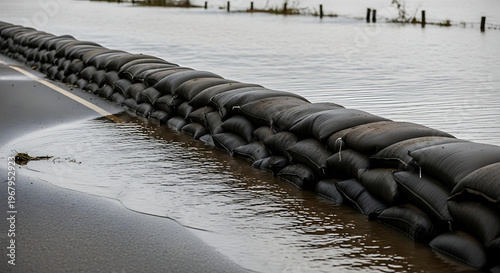 Stacked sandbags forming an emergency flood barrier along a partially submerged road, actively protecting vital infrastructure from rising water levels during a severe natural disaster event