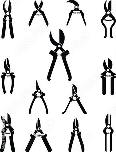 Pruning shears silhouettes set, garden tools collection, hand drawn secateurs icons isolated on white background, agriculture equipment illustration, landscaping concept design