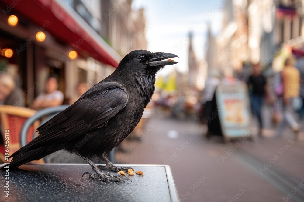 Obraz premium Raven eating crumbs on outdoor cafe table in busy city street