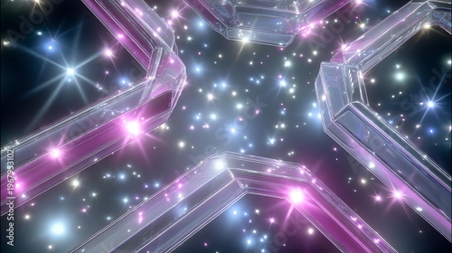 A futuristic, glowing geometric structure with neon purple highlights surrounded by twinkling star-like lights in a cosmic space setting.