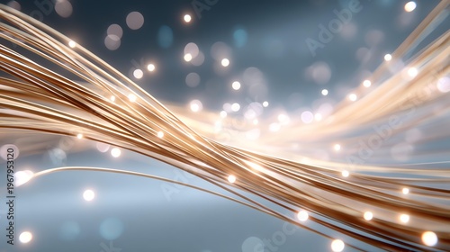Abstract image of glowing fiber optic cables with light particles on a blurred blue background.