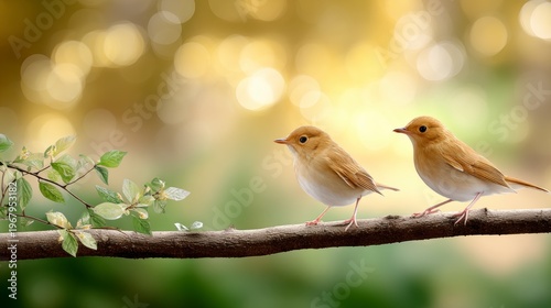 Two small birds perched on a branch with soft bokeh lights in the background, surrounded by green leaves.