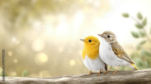 Two small birds, one with a yellow chest and the other with a gray and white body, perched closely on a branch against a soft, blurred natural background.