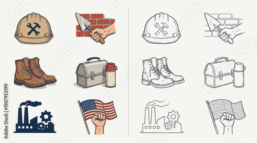Collection of colorful and monochrome icons representing labor, industry, and patriotism, including hard hats, boots, tools, factories, and the American flag.