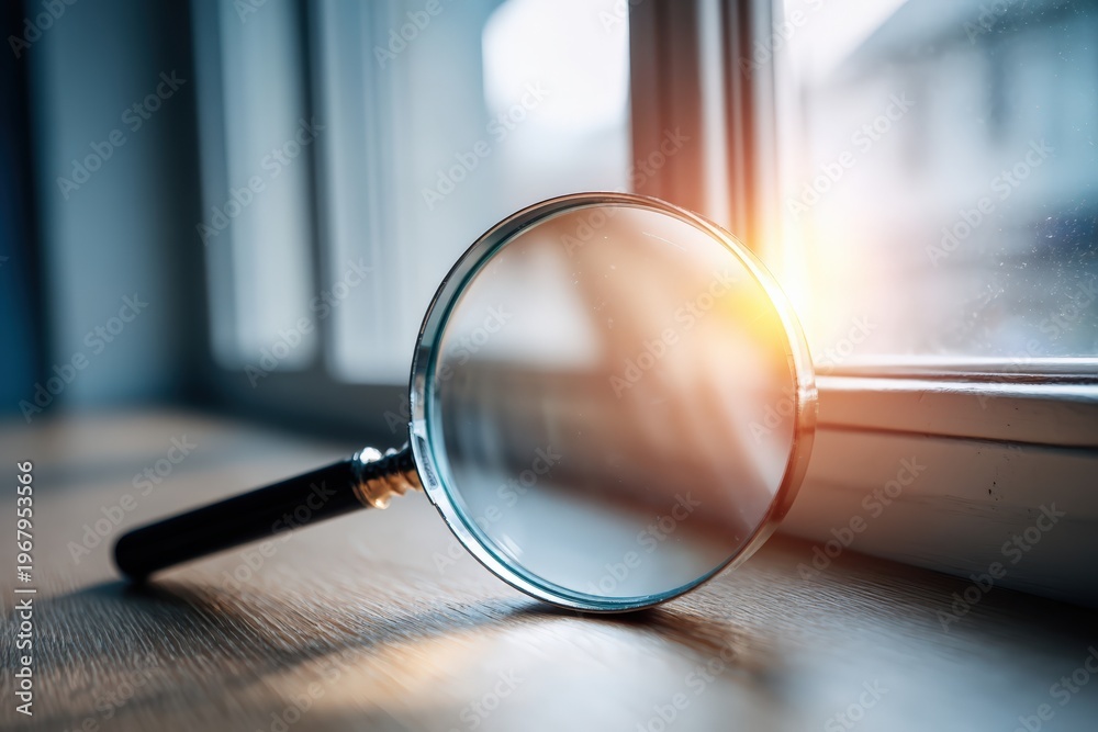 Fototapeta premium Magnifying glass on table near window with sunlight reflection