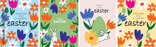 Happy Easter design bundle of greeting cards, posters, and covers with stylish typography, cute bunny, hand drawn eggs, and floral pastel elements in a clean modern style