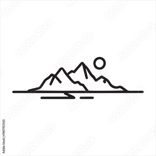 Mountain silhouette as a single, sweeping continuous line, with only a small circle for the sun, minimal line art vector