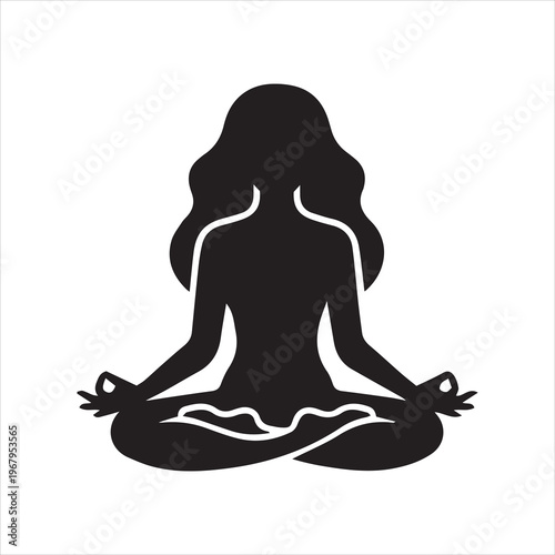 Black silhouette icon of a woman in lotus yoga pose for meditation. A minimal vector graphic for wellness, mindfulness, and spirituality. Represents calm and balance.