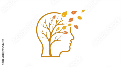 Dementia and Memory Loss Concept Vector Illustration of Human Head Silhouette with Autumn Tree and Falling Leaves Symbolizing Cognitive Decline and Mental Health Awareness
