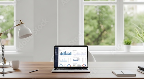 Modern home office workspace, laptop on wooden desk, productivity tools, business analytics on screen