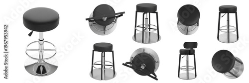 Set and collection of modern adjustable swivel bar stools and chrome hydraulic counter chairs from various angles isolated on white transparent png background