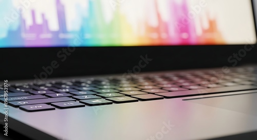 Laptop keyboard, computer keys, silver metallic finish, close-up, blurred colorful screen background