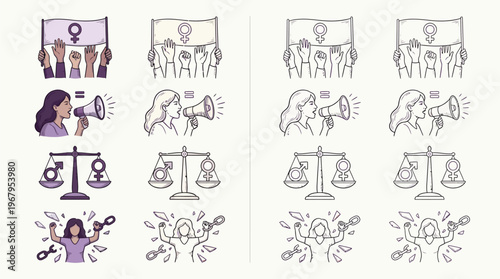 A collection of four feminist icons, each presented in three variations: full color, outline, and grayscale, representing protest, speech, equality, and empowerment.