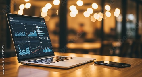 Laptop, smartphone on wooden table, business data analysis, graphs and charts on screen, modern office background