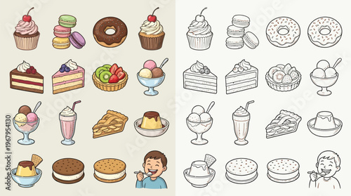 A colorful collection of various desserts and sweet treats, including cupcakes, donuts, macarons, cakes, pies, ice cream, and puddings, presented in both full color and line art.