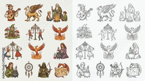 Collection of fantasy-themed illustrations featuring mythical creatures, magical beings, and folklore elements in both color and line art.