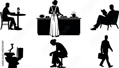 Silhouettes of Daily Life Activities Including Cooking Reading Working Resting and Domestic Household Scenes for Lifestyle and People Concept Illustration