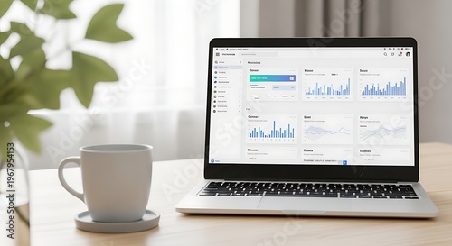 Laptop, business analytics, graph charts, office workspace, finance data