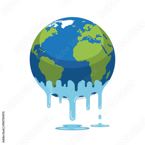 Illustration of a melting globe with dripping blue liquid on a white background, symbolizing environmental issues.
