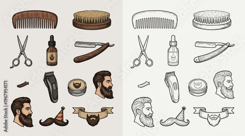 A collection of vintage barber shop tools and accessories, including combs, brushes, scissors, razors, beard oil, clippers, and stylized male portraits.