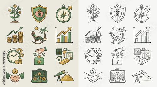 A collection of hand-drawn icons representing various aspects of finance, investment, and wealth management, presented in both color and monochrome versions.