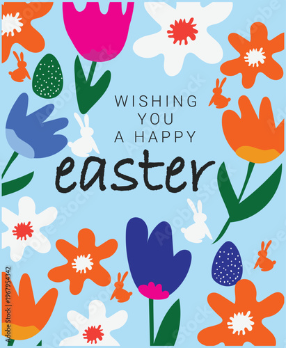 Trendy Happy Easter design featuring greeting card, poster, and cover with hand drawn eggs, bunny, floral elements, and soft pastel colors in modern minimalist style