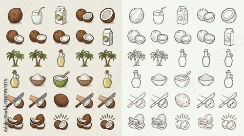 Collection of coconut-related icons, illustrating whole coconuts, cracked coconuts, coconut milk, coconut oil, and palm trees in both color and outline styles.