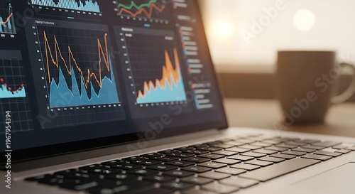 Business data analysis, financial graphs on laptop, stock market trends, office workspace